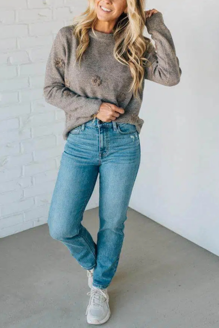 Embroidered Daisy Monochromatic Sweater