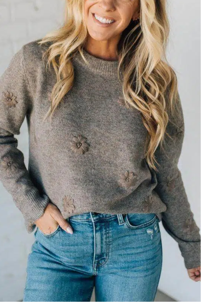 Embroidered Daisy Monochromatic Sweater