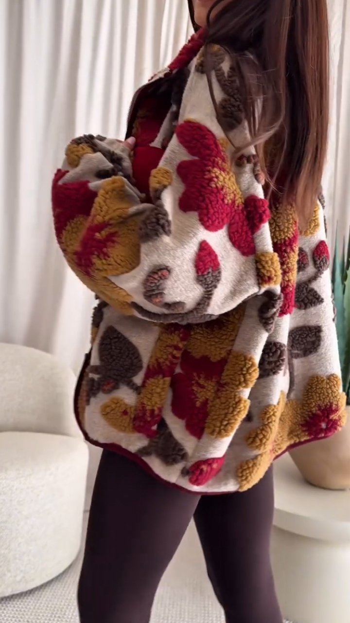Women Lapel Plush Printed Casual Coat