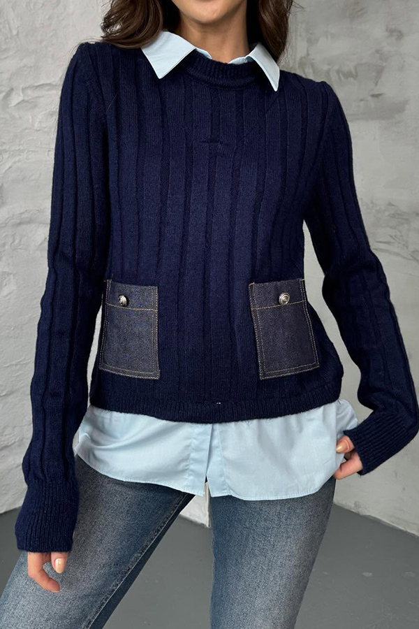 Women Elegant Contrast Color Plus Denim Patchwork Pocket Pullover Sweater