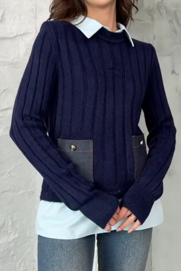 Women Elegant Contrast Color Plus Denim Patchwork Pocket Pullover Sweater