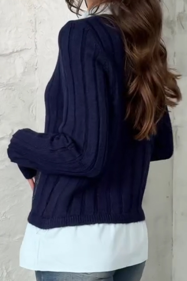 Women Elegant Contrast Color Plus Denim Patchwork Pocket Pullover Sweater