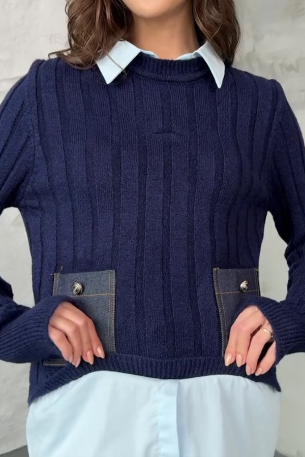 Women Elegant Contrast Color Plus Denim Patchwork Pocket Pullover Sweater
