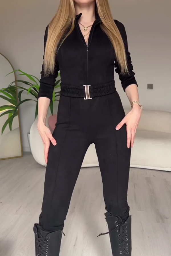 Women Sexy Zippered Waist Slim Suede Jumpsuit