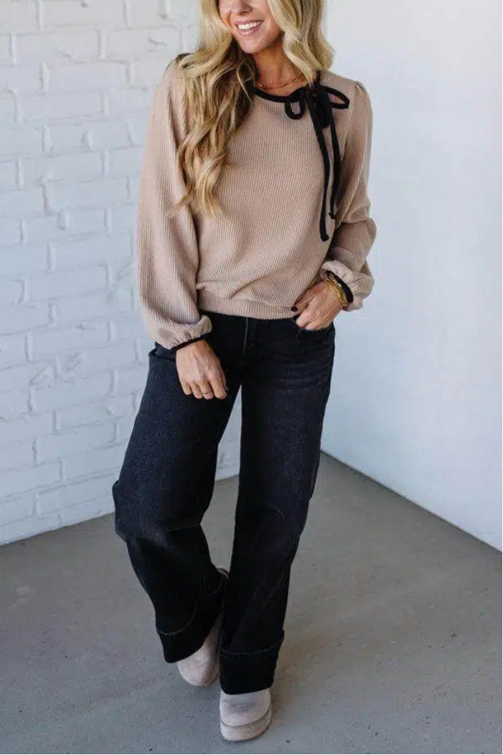 Textured Side Tie Contrast Top
