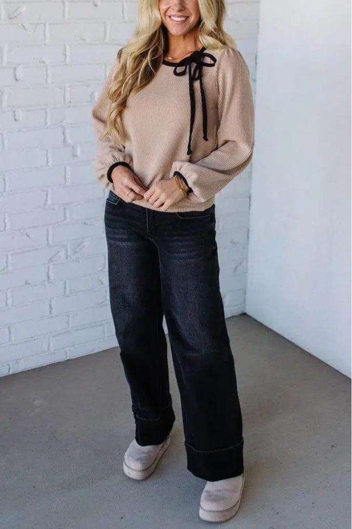 Textured Side Tie Contrast Top