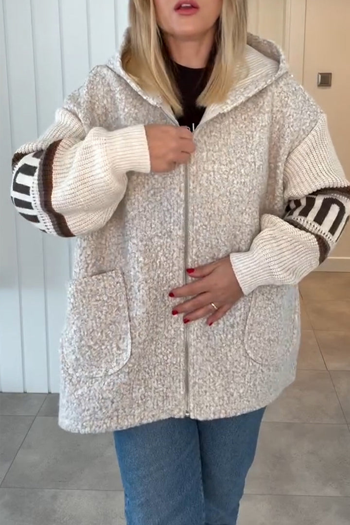 Ladies Hooded Spliced Knitted Sleeves Casual Plush Jacket