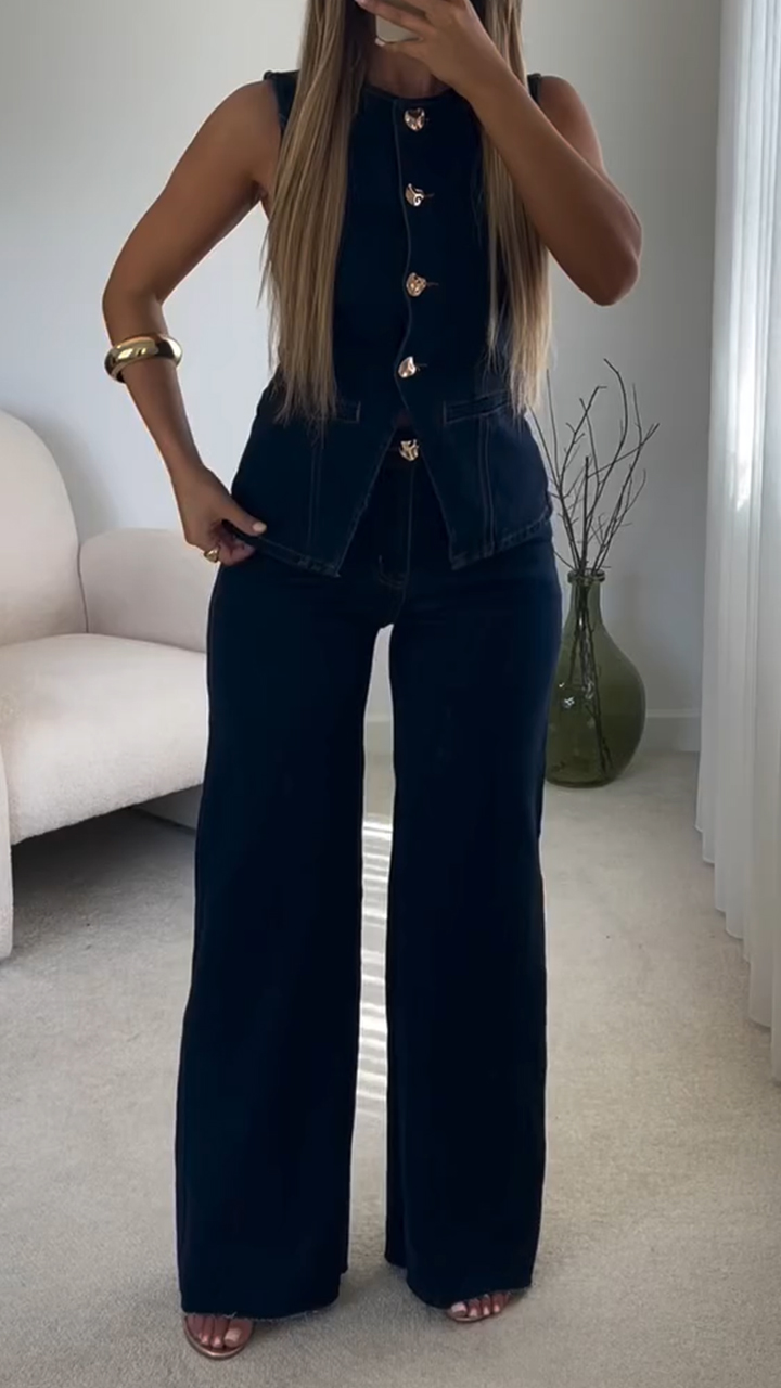 Women Round Neck Buttoned Top + Pants Casual Denim Suit