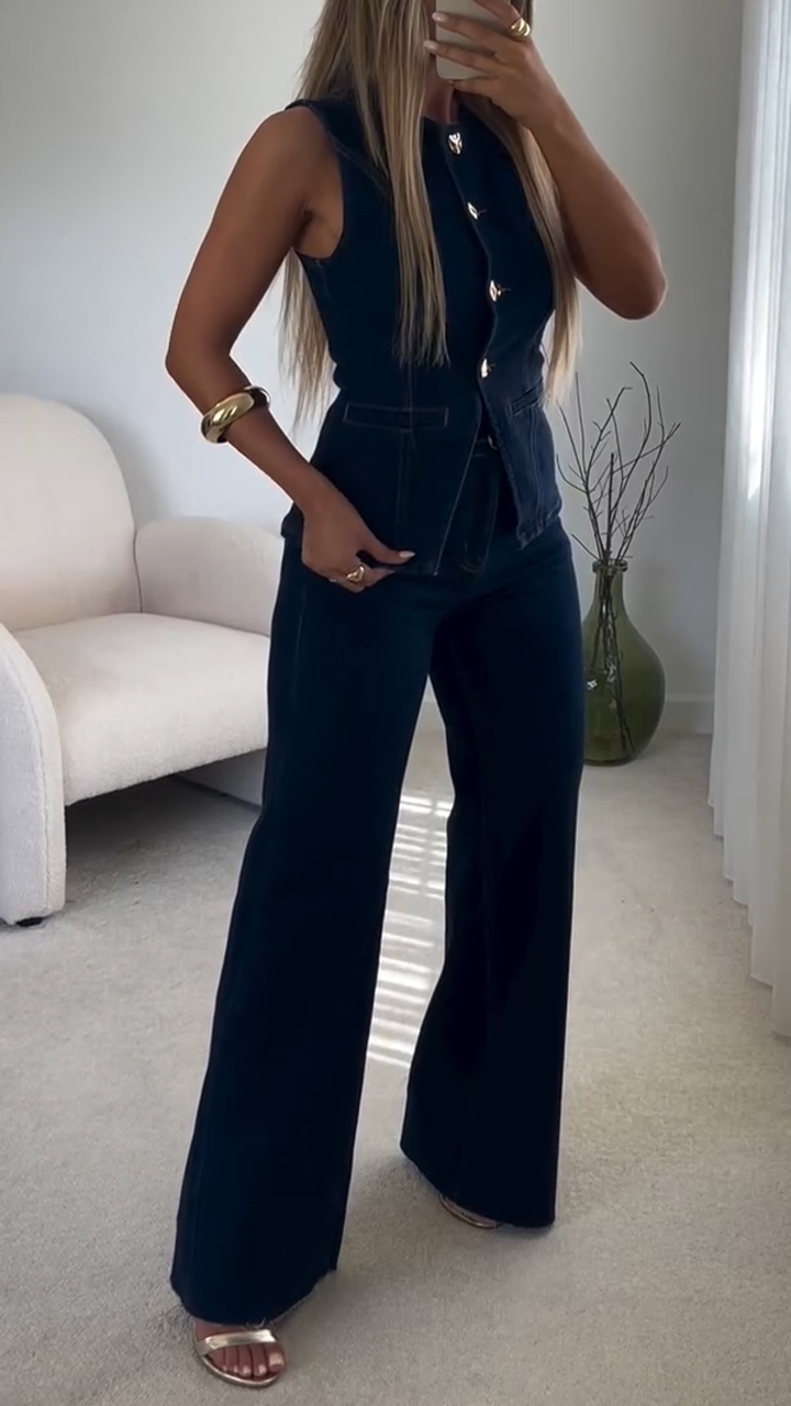Women Round Neck Buttoned Top + Pants Casual Denim Suit