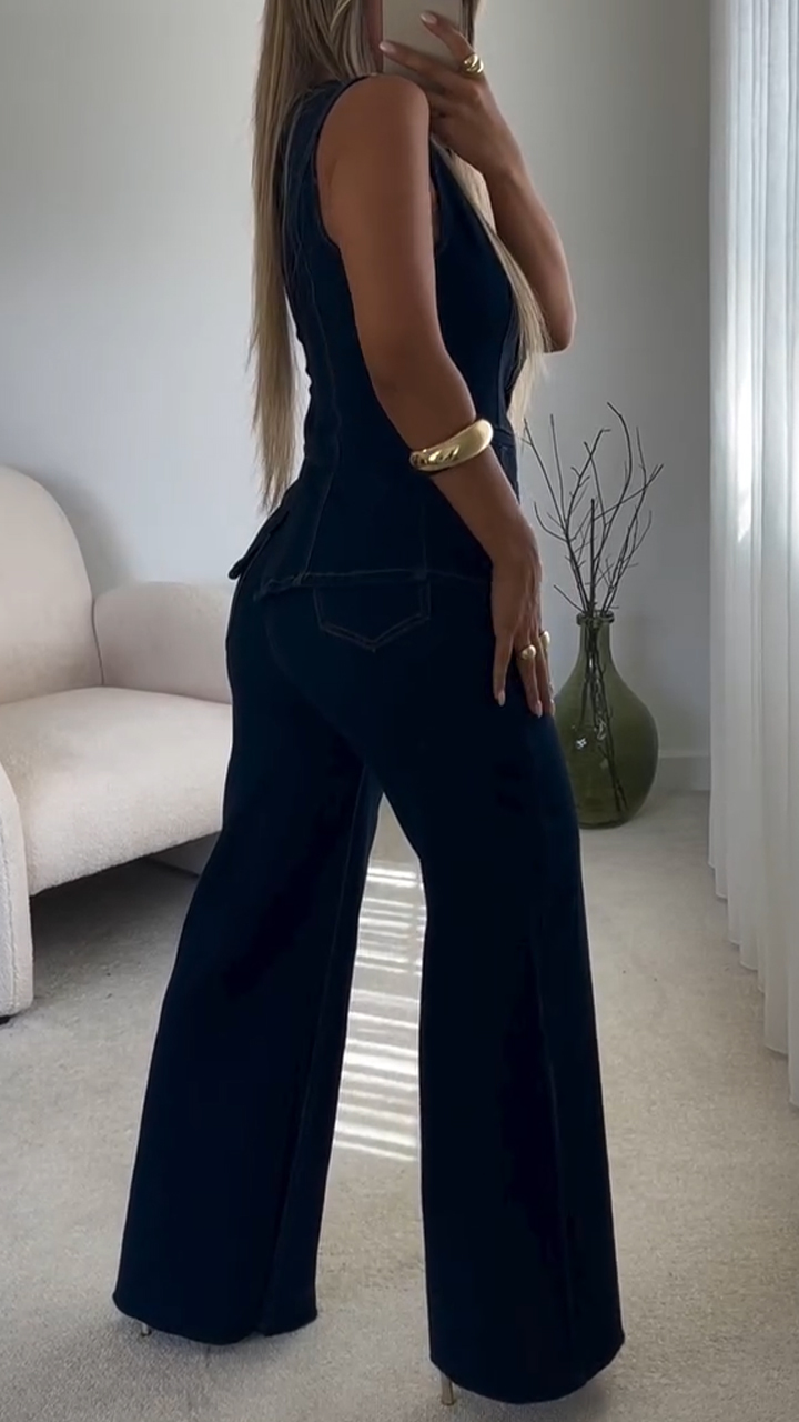 Women Round Neck Buttoned Top + Pants Casual Denim Suit