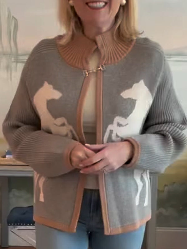 Ladies Patchwork Printed Casual Knitted Cardigan
