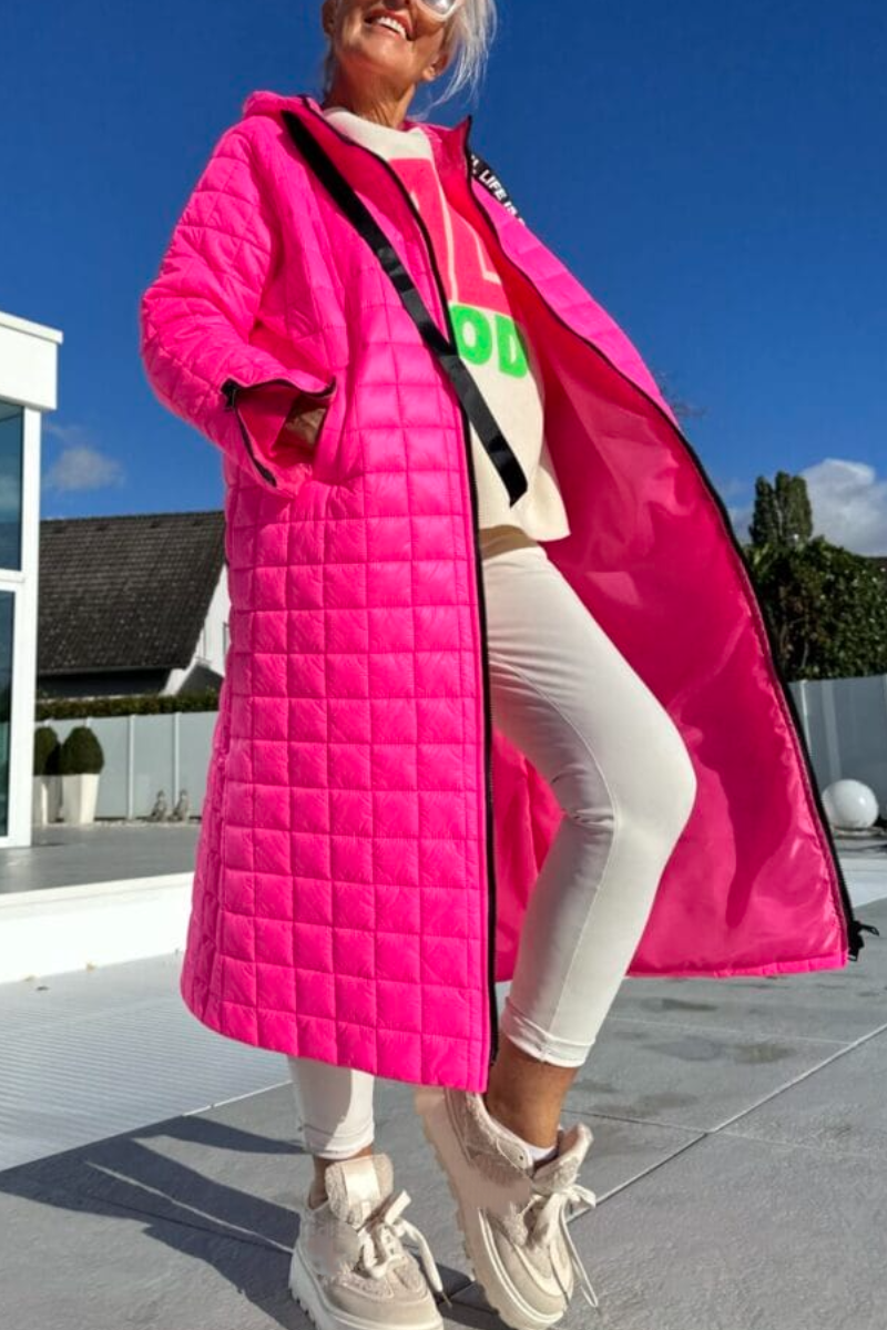 Women Hooded Drawstring Plaid Sleeve Zipper Design Casual Long Coat