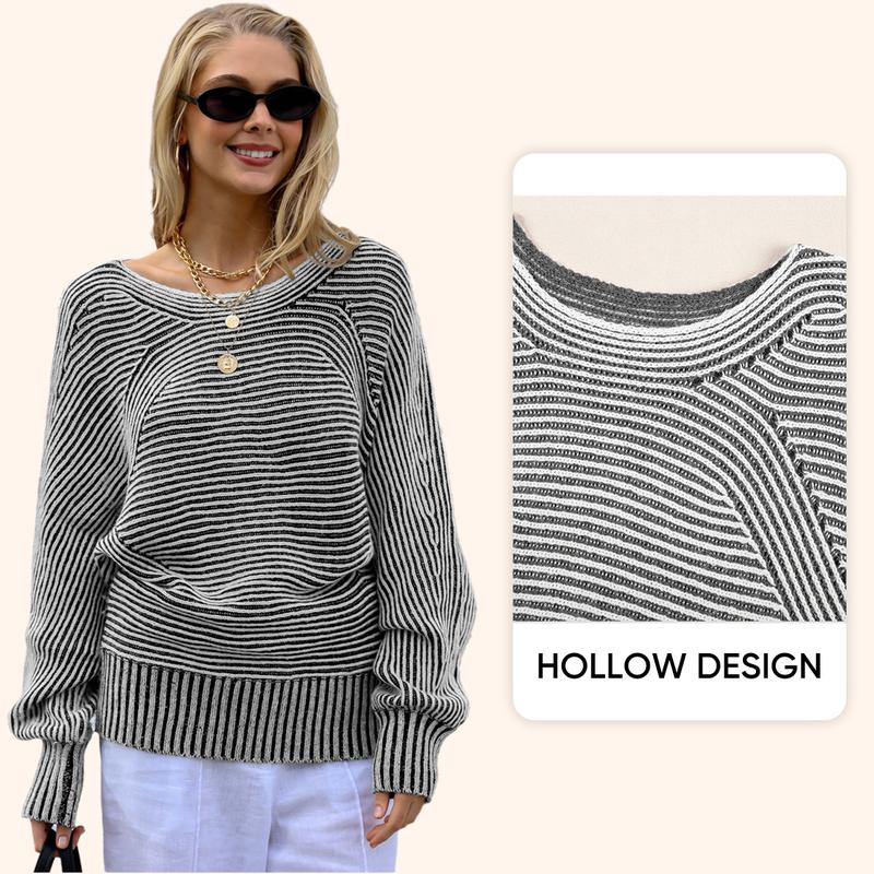 Women Batwing Sleeve Knitwear Ribbed Striped Thick Pullover Sweater