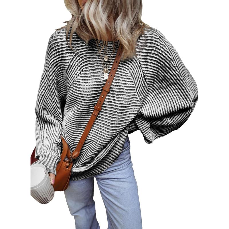 Women Batwing Sleeve Knitwear Ribbed Striped Thick Pullover Sweater