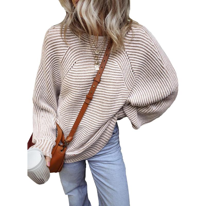 Women Batwing Sleeve Knitwear Ribbed Striped Thick Pullover Sweater