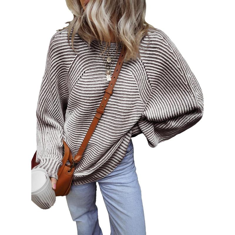 Women Batwing Sleeve Knitwear Ribbed Striped Thick Pullover Sweater