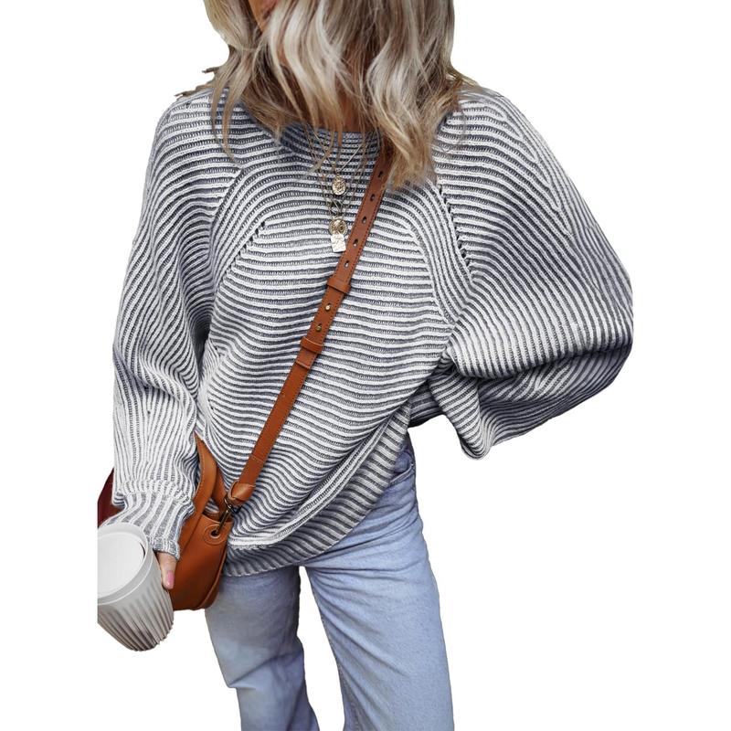 Women Batwing Sleeve Knitwear Ribbed Striped Thick Pullover Sweater