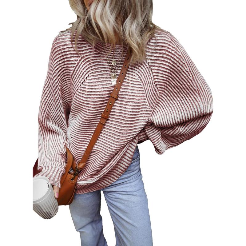 Women Batwing Sleeve Knitwear Ribbed Striped Thick Pullover Sweater