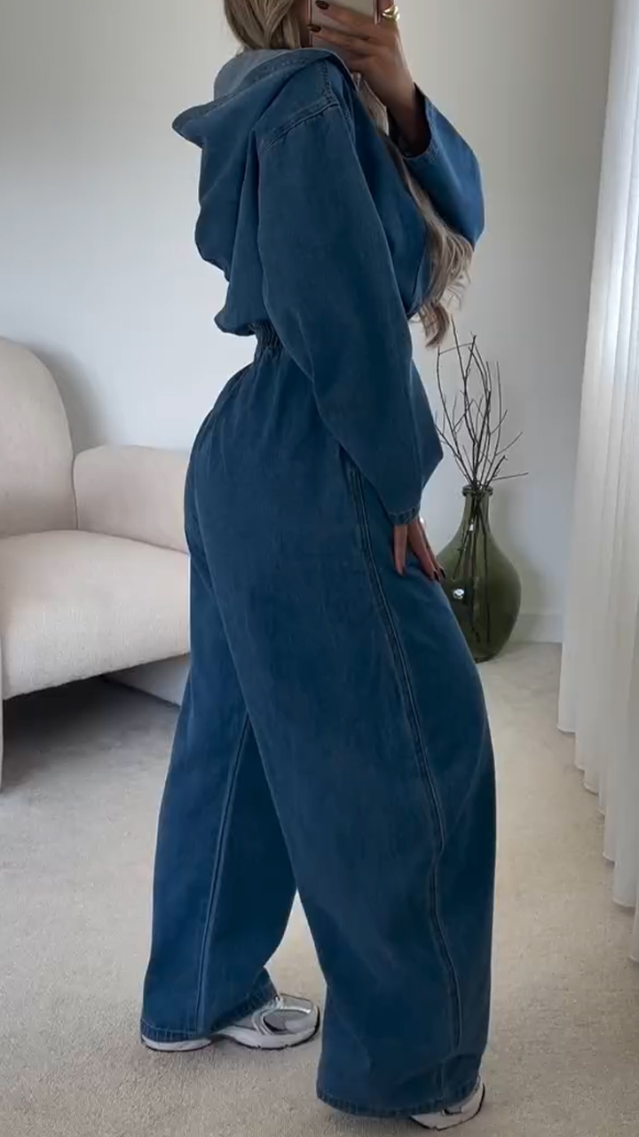 Women Collared Hooded Patchwork Zipper Casual Denim Jumpsuit