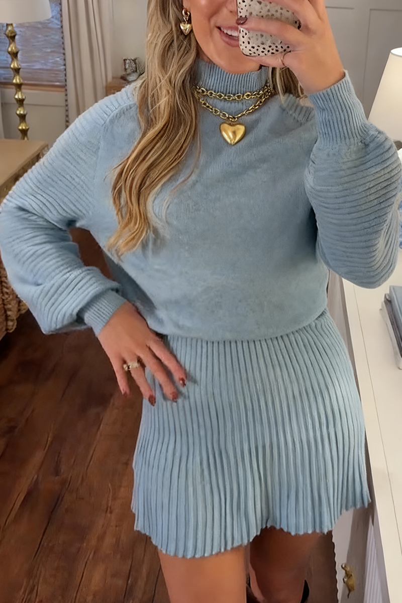 Ladies Round Neck Knitted Top+ Pleated Skirt Casual Set
