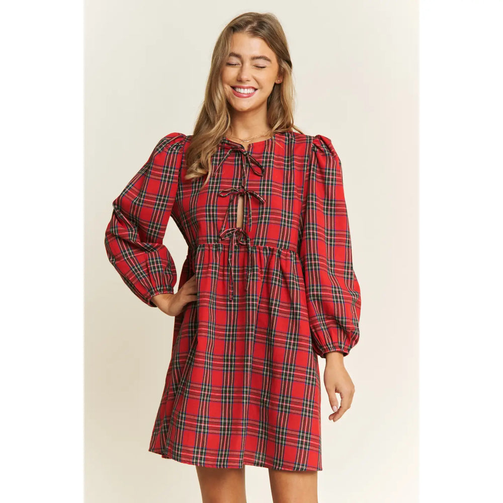 Women's Plaid Print Frilly Collar Long Sleeve Mini Dress