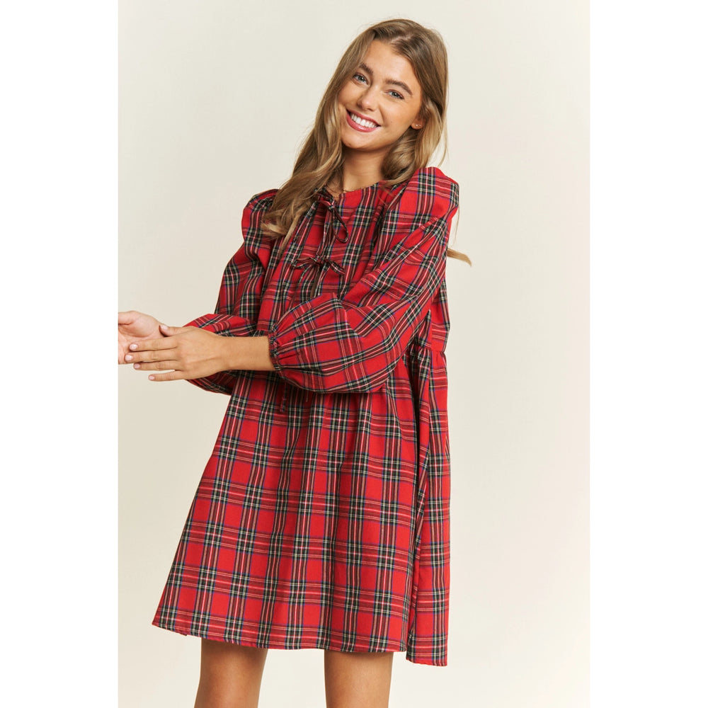 Women's Plaid Print Frilly Collar Long Sleeve Mini Dress
