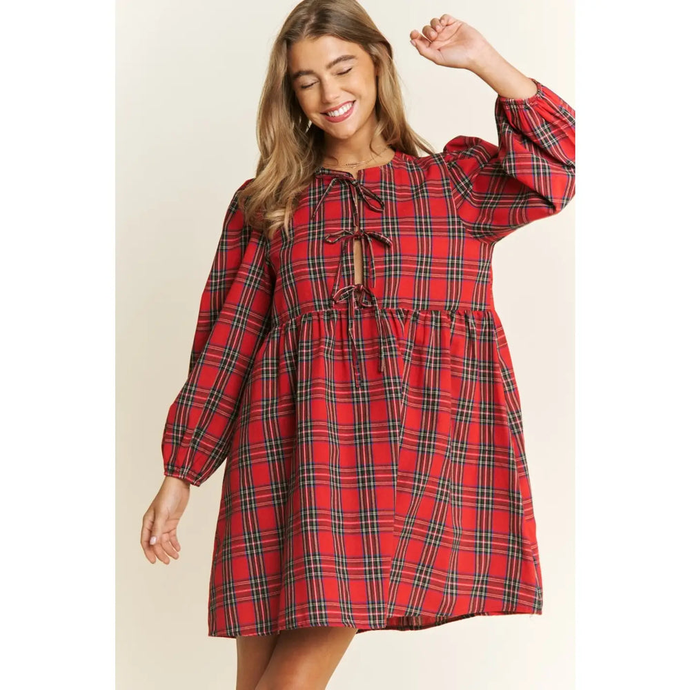 Women's Plaid Print Frilly Collar Long Sleeve Mini Dress