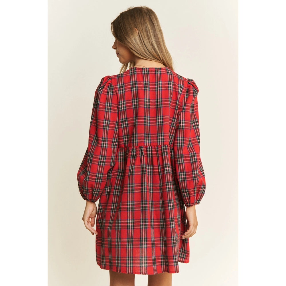 Women's Plaid Print Frilly Collar Long Sleeve Mini Dress
