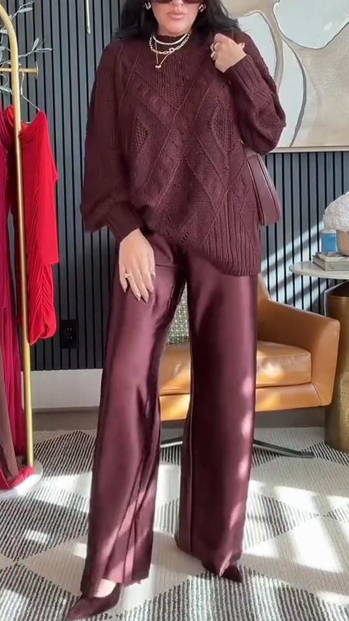 Women Round Neck Knitted Sweater+ Pants Casual Set