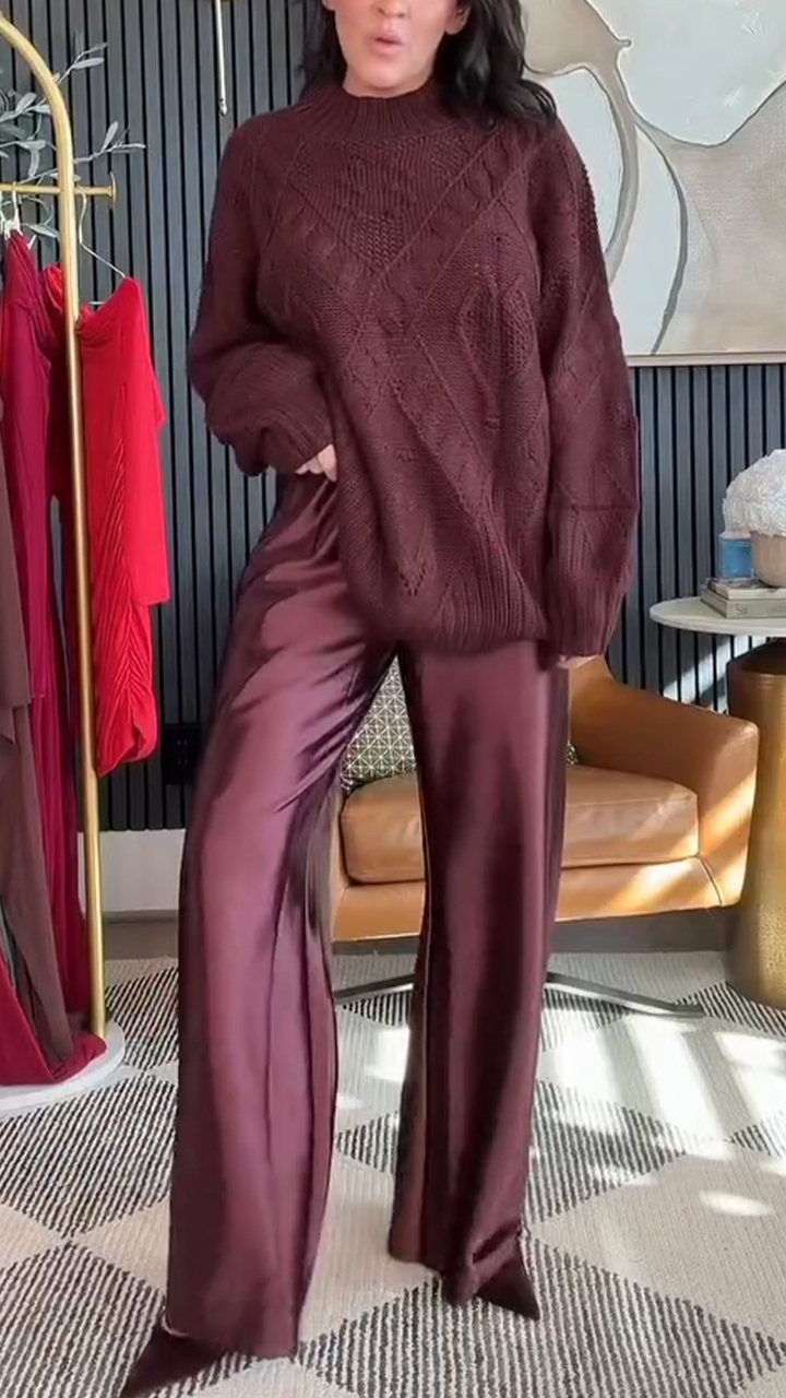 Women Round Neck Knitted Sweater+ Pants Casual Set