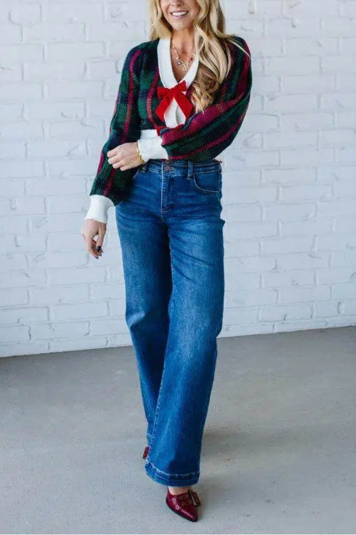 Velvet Bow Plaid Sweater