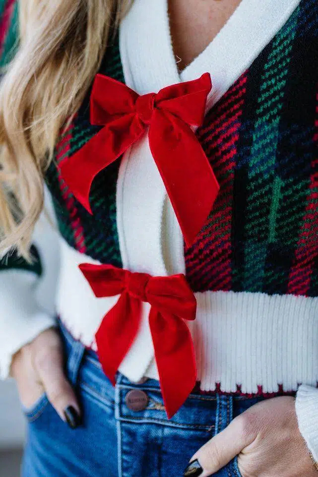 Velvet Bow Plaid Sweater