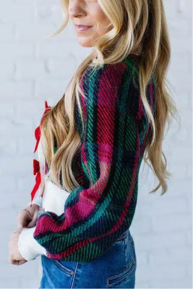 Velvet Bow Plaid Sweater