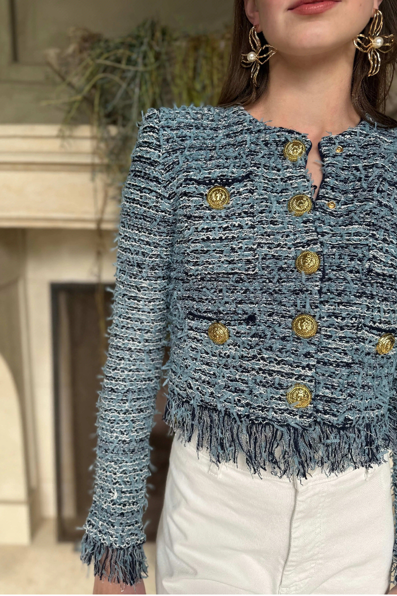 Justine Blue and Navy Fringe Cropped Cardigan Jacket
