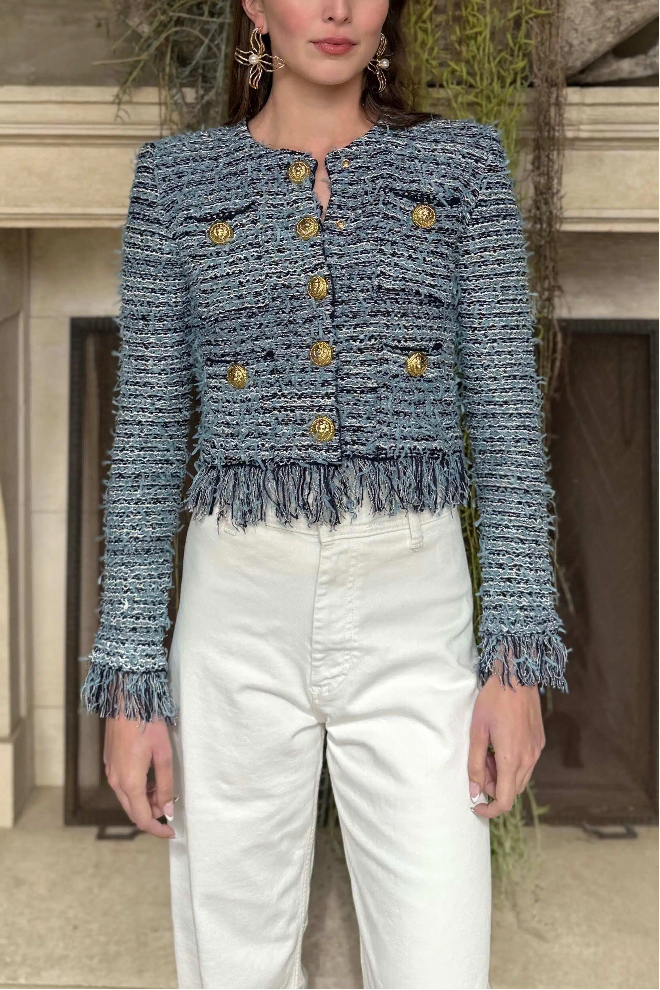 Justine Blue and Navy Fringe Cropped Cardigan Jacket