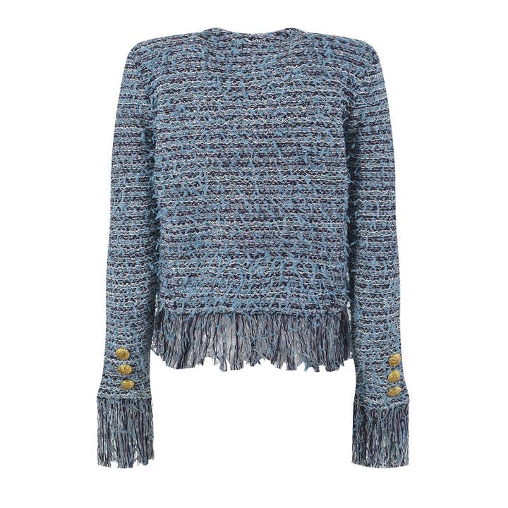 Justine Blue and Navy Fringe Cropped Cardigan Jacket