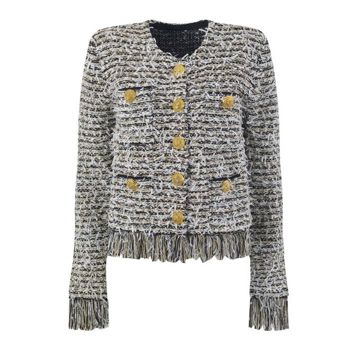 Justine Blue and Navy Fringe Cropped Cardigan Jacket