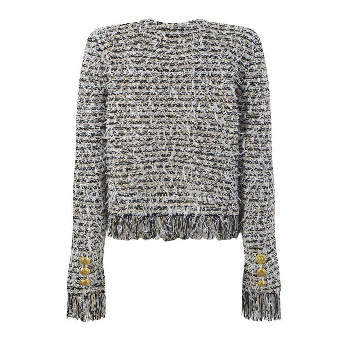 Justine Blue and Navy Fringe Cropped Cardigan Jacket