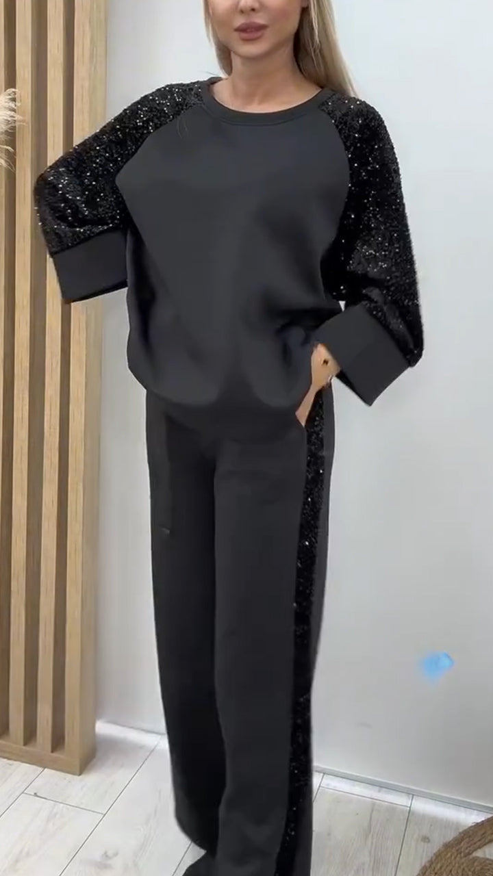Women Round Neck Spliced sequin Sleeve Top + Pants Casual Suit