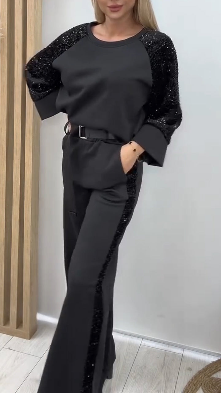 Women Round Neck Spliced sequin Sleeve Top + Pants Casual Suit