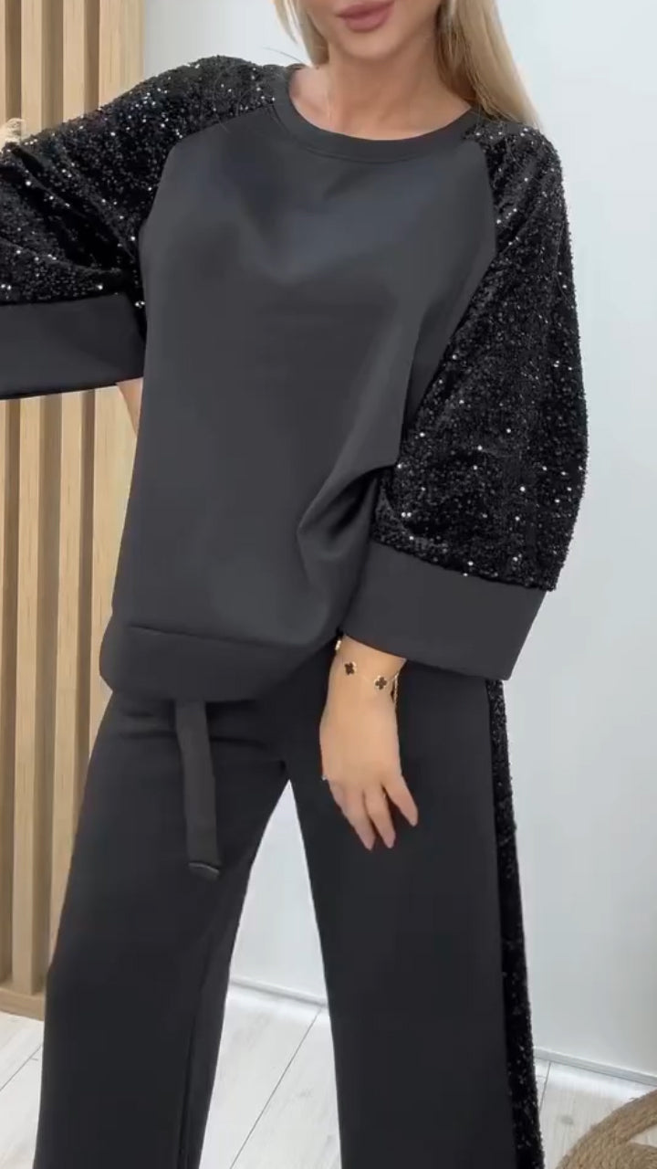 Women Round Neck Spliced sequin Sleeve Top + Pants Casual Suit