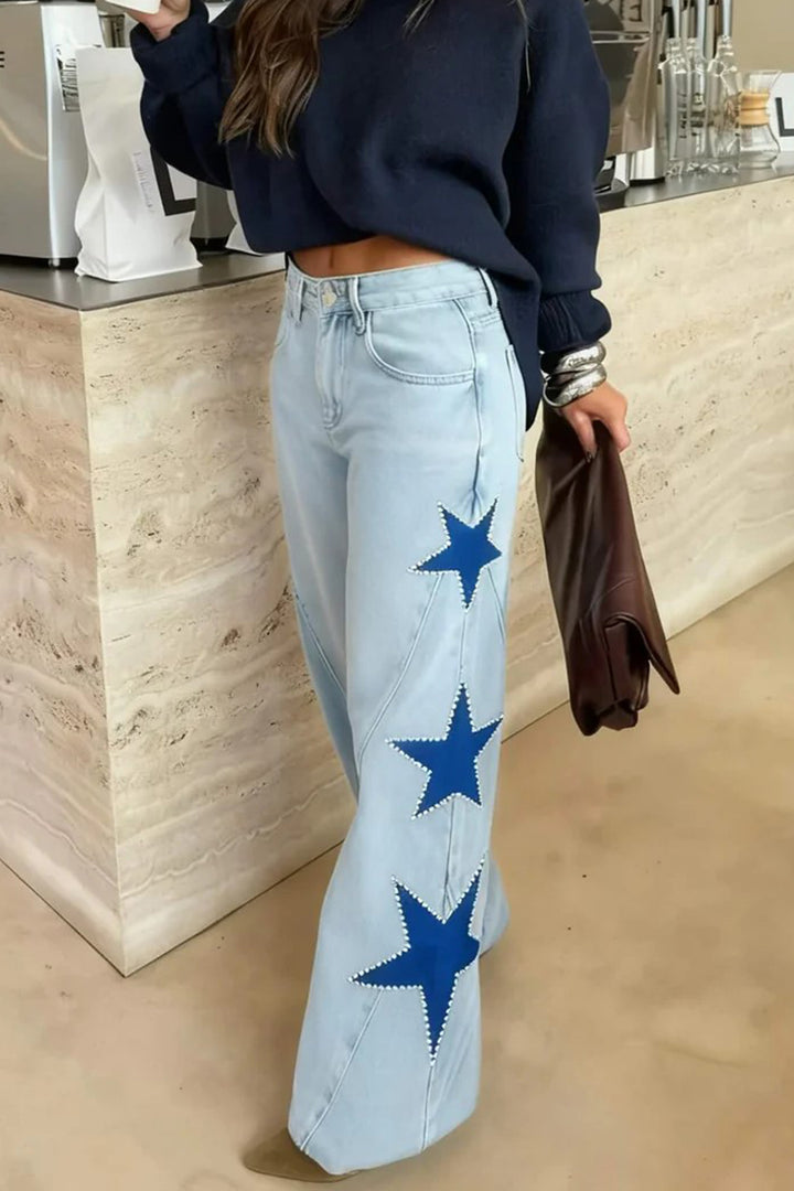 Women Patchwork Star Printed Rhinestone Casual Jeans
