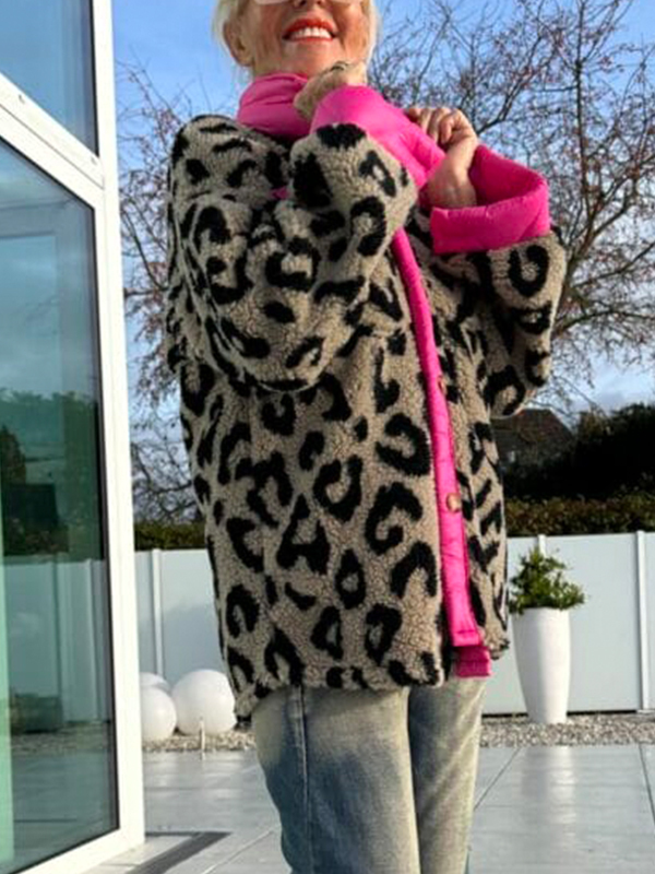 Women Lapel Breasted Printed Contrasting Color Casual Plush Coat