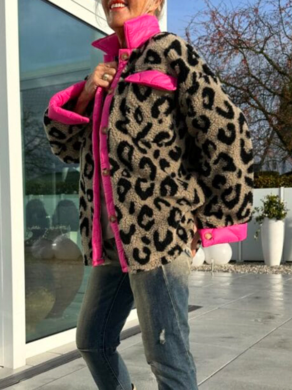 Women Lapel Breasted Printed Contrasting Color Casual Plush Coat