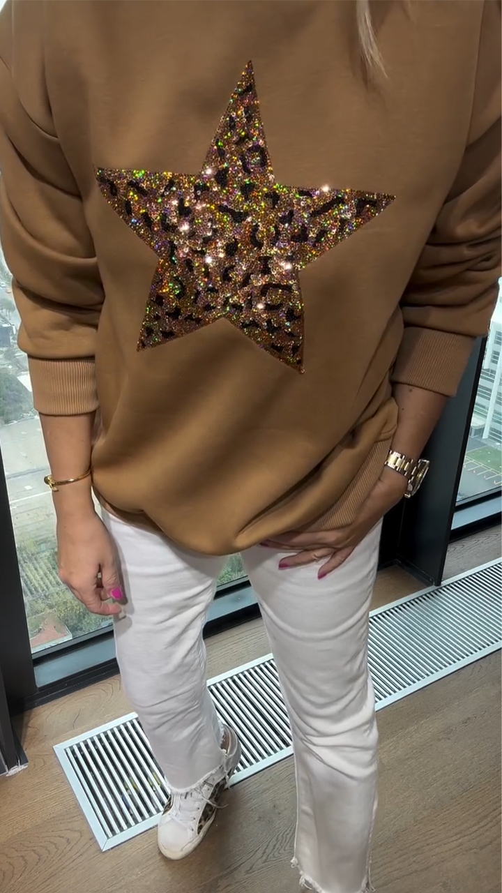 Women Round Neck Star Glitter Printed Casual Top