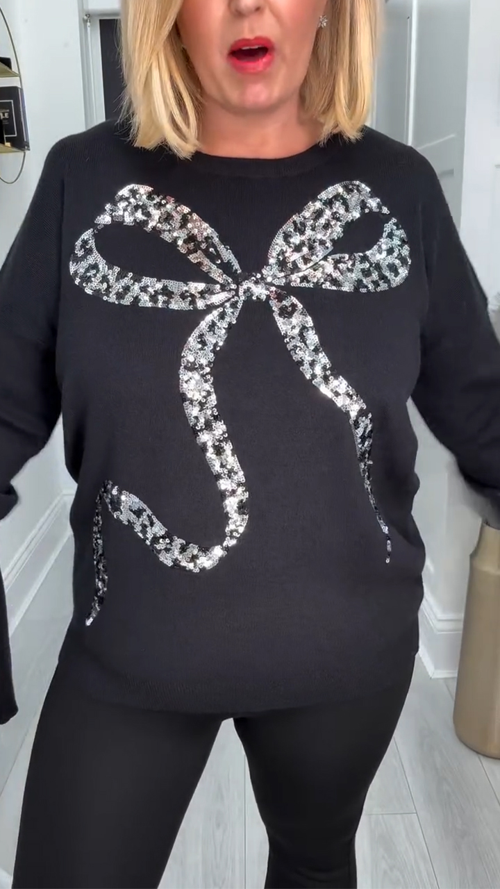 Women Round Neck Bow Sequin Printed Casual Top