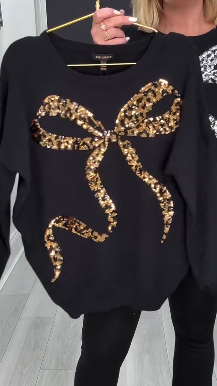 Women Round Neck Bow Sequin Printed Casual Top
