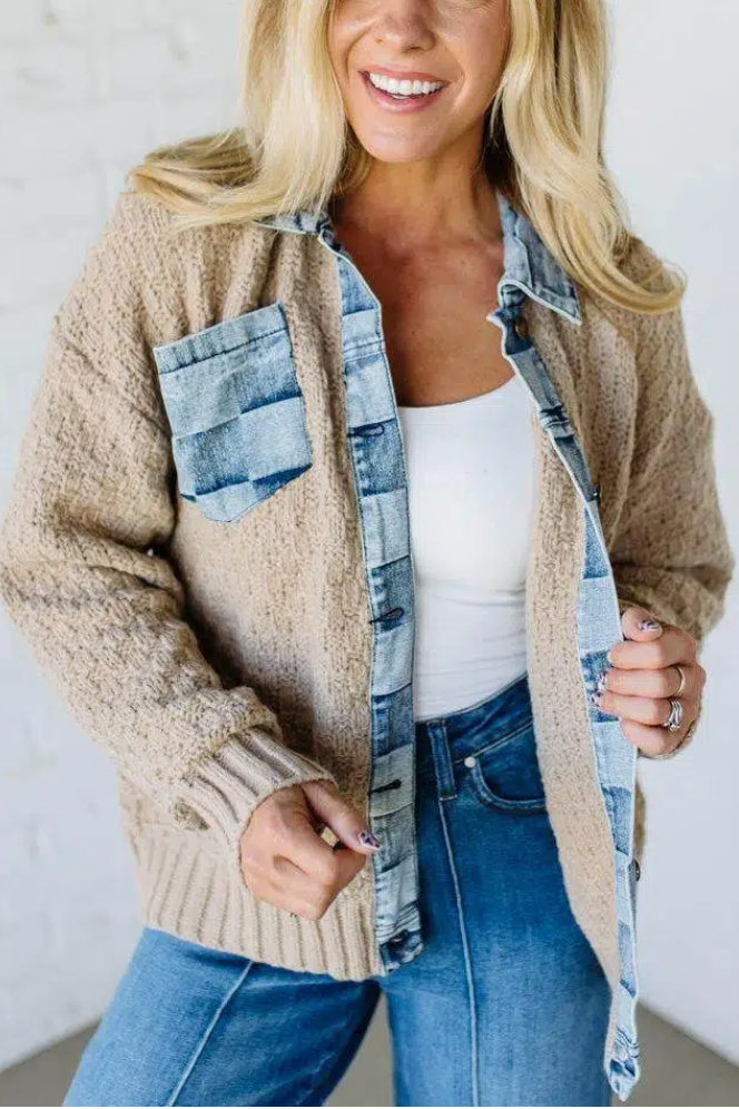 Checked Denim Accent Cardigan