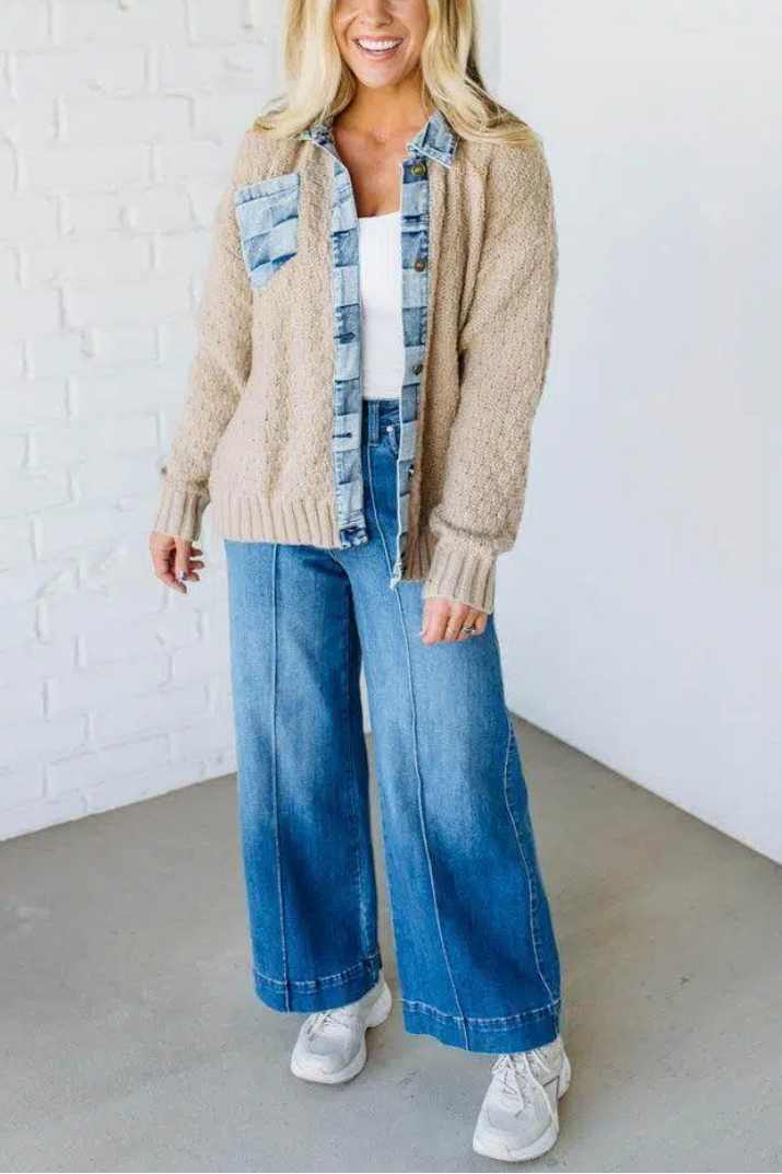 Checked Denim Accent Cardigan