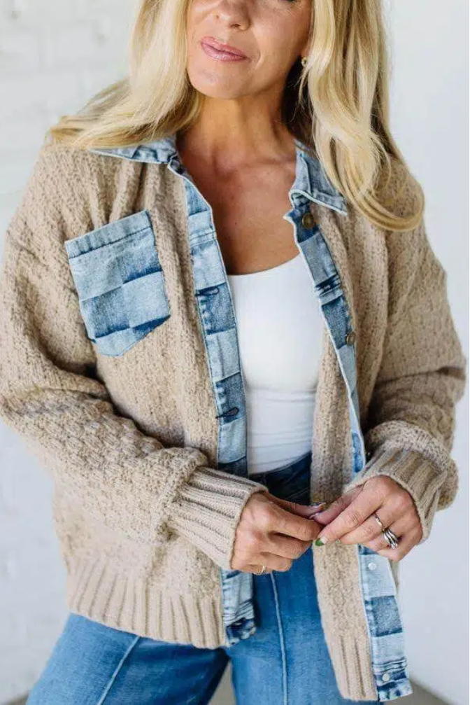 Checked Denim Accent Cardigan